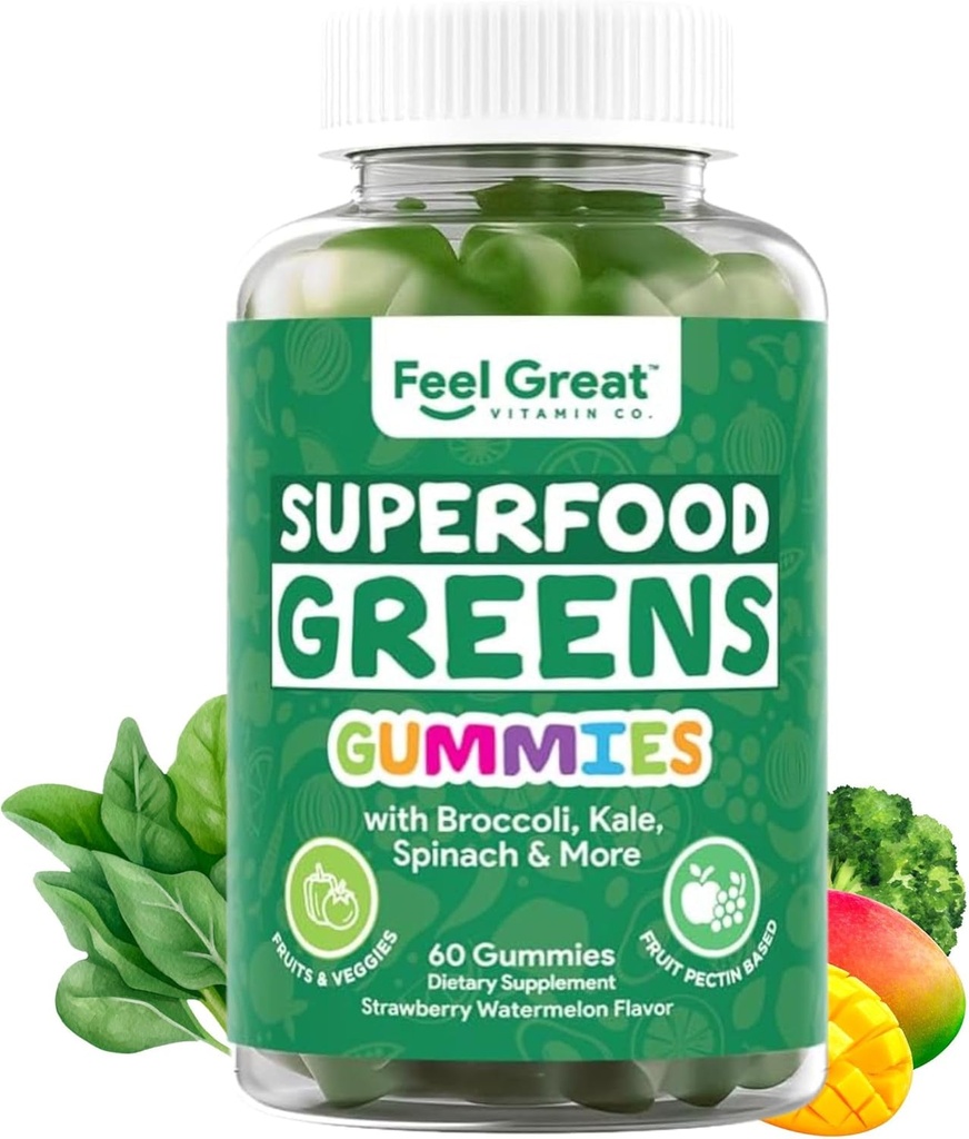 Super Greens Gummies - Green Superfoods Supplement with Spinach, Broccoli, Kale, Beet Root, Elderberry for Immunity Support - Fruit and Vegetable Supplement - Watermelon Flavor, 60 Gummies
