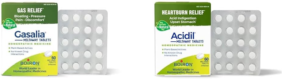 Boiron Gassia tabletter og Acidil tabletter til gas, bloating, syre Retlux, Heartburn, fordøjelsesbesvær, og opsat mave-tarmlindring - 60 Greve hver
