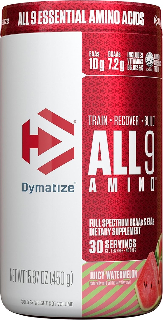 Dymatize All9 Amino, 7,2g BCAA, 10g fuld spektrum essentielle Aminosyrer Per servering for inddrivelse og Optimal Muscle Protein Syntese, Juicy Watermelon, 30 Servere, 15.87 Ounce