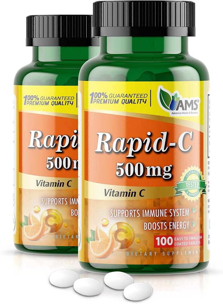 America Medic & Science Rapid- C 500mg C-vitamin supplement (2 pakker med 100 tabletter) Energy Booster, Daglig immunsystem support, Antioxidant stålet 124; Vegan, Non- GMO coated Ascorbic Acid til voksne mænd og kvinder