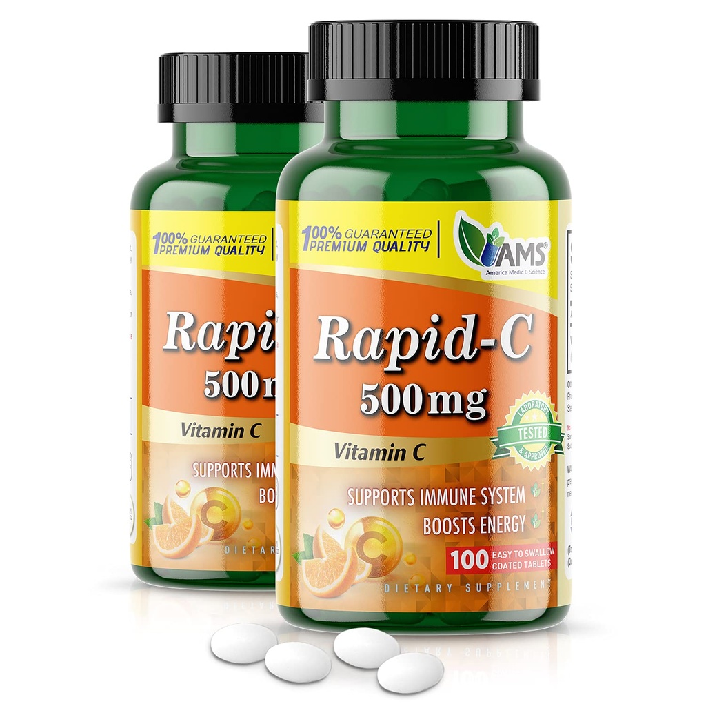 America Medic & Science Rapid- C 500mg C-vitamin supplement (2 pakker med 100 tabletter) Energy Booster, Daglig immunsystem support, Antioxidant stålet 124; Vegan, Non- GMO coated Ascorbic Acid til voksne mænd og kvinder