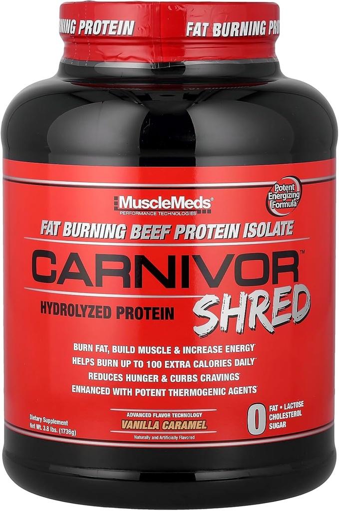 MuscleMeds Carnivor Shred Fat Burning Hydroliseret Beef Protein Isolate, 0 Lactose, 0 Sukker, 0 Fedt, Halal Certificeret, Vanilla Caramel, 4 Pund, 56 Servere