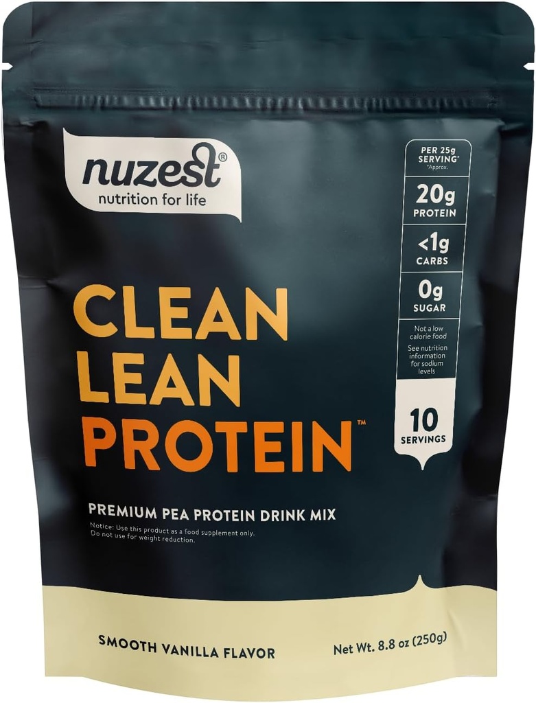 Nuzest - Pea Protein Powder - Clean Lean Protein, Premium Vegan Plant Protein Powder, Dairy Free, Gluten Free, GMO Free Protein Shake, Glat Vanilla, 8.8 oz