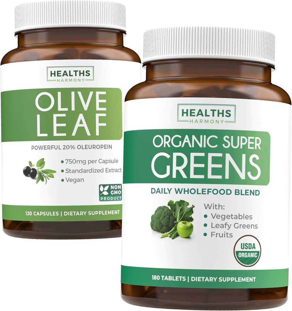 Olive Leaf Extract & Organic Super Greens (4-måned Supply) Pure Plant Power Bundle of Olive Leaf Extract (120 kapsler) Super Strength & Organic Super Greens (180 tabletter) Organic Superfood