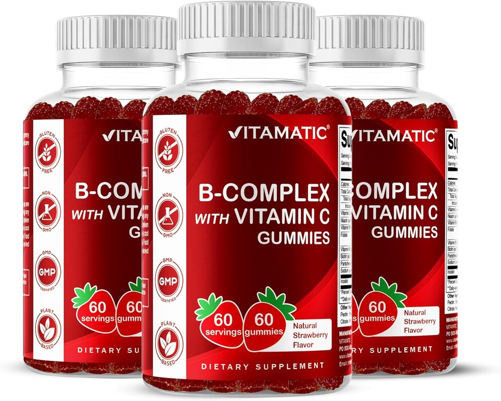 Vitamin B Complex Gummies med C-vitamin & Inositol - Natural Strawberry Flavor - 60 Gummies (3 flasker)