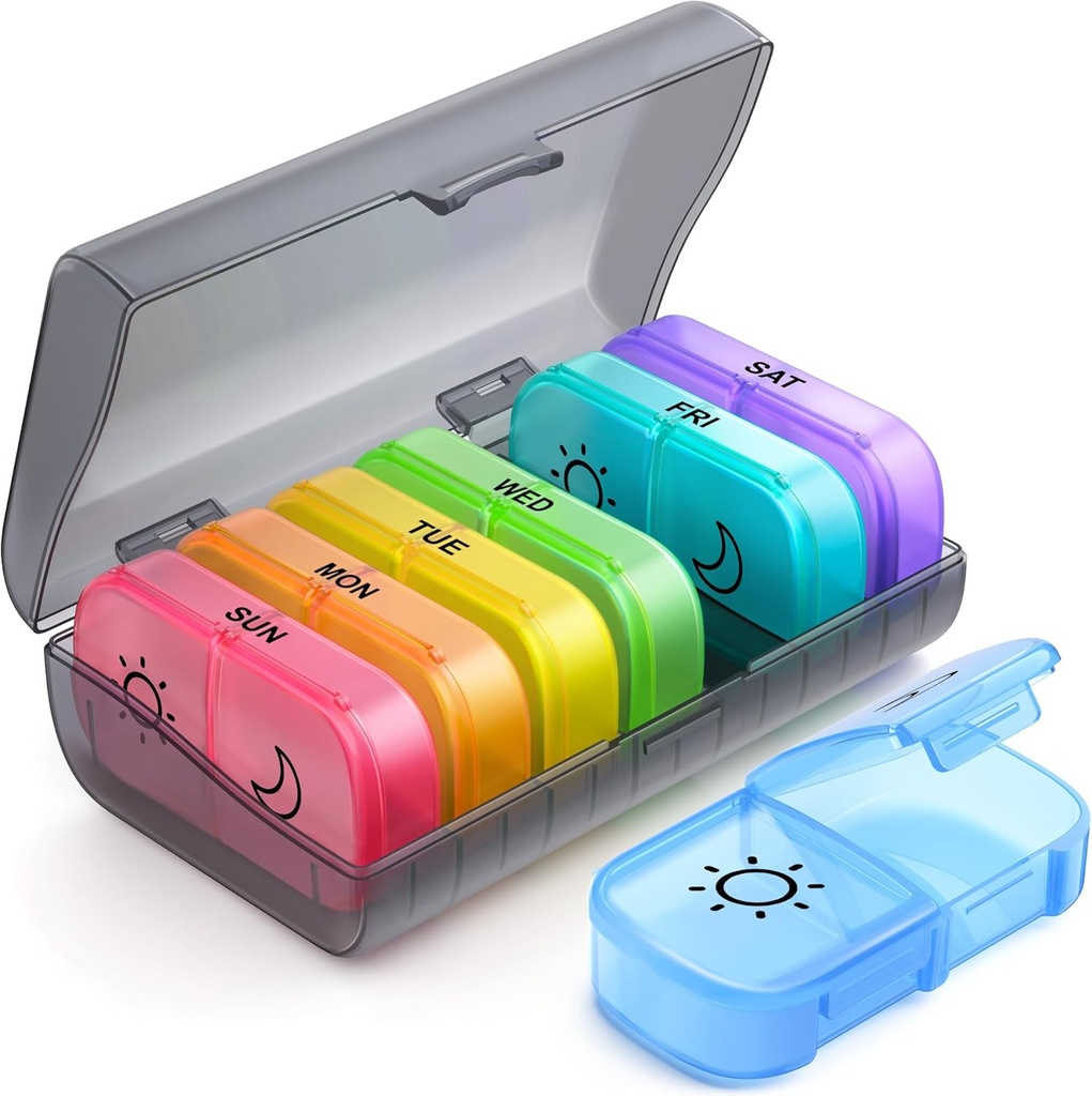 AUVON Extra Stor Pill Box Arrangør 7 Dag 2 gange om dagen, Same- Side Open Weekly AM PM Pill sag for nem brug, Privacy Protection Tablet Arrangør for medicin / vitaminer / kosttilskud / fiskeolier