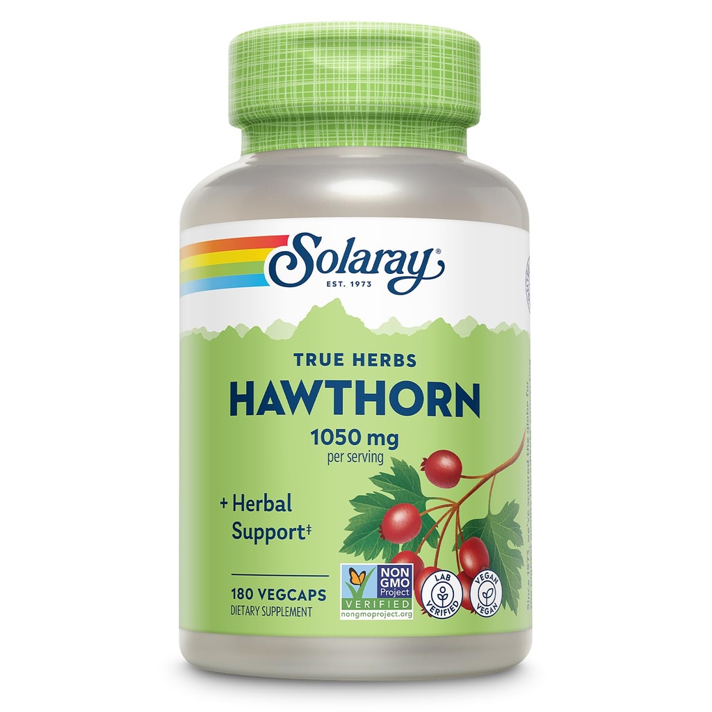 SOLARAY Hawthorn Berry Capsules 1050 mg - Lindrende urtestøtte - Hawthorne Berry supplement til total wellness support - hele Berry, Vegan, non-GMO, 60 dages garanti, 90 Servere, 180 VegCaps