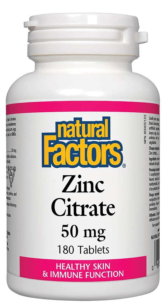 Naturlige faktorer - Zink Citrate 50mg, Støtte til sund hud & immunfunktion, 180 tabletter