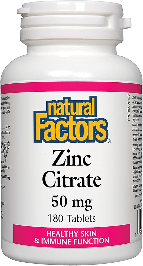 Naturlige faktorer - Zink Citrate 50mg, Støtte til sund hud & immunfunktion, 180 tabletter