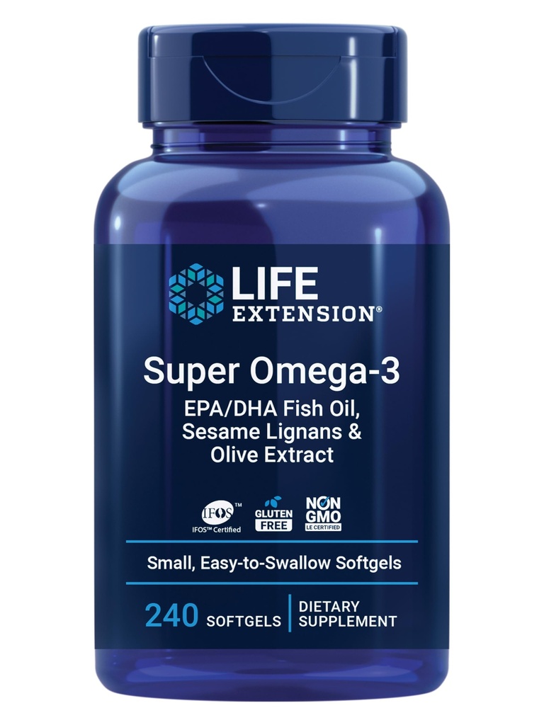 Life Extension Super Omega-3 EPA / DHA Fish Oil, Sesame Lignans & Olive Extract - Heart Health, Brain Health, Inflammation Health Support, Gluten- Free, Let at synke, Non- GMO, 240 Softgels