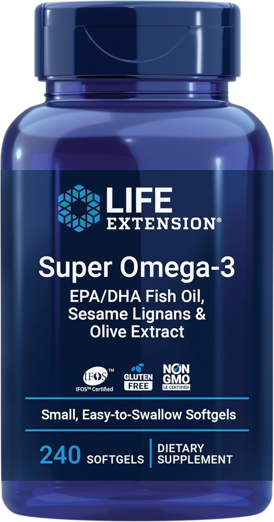Life Extension Super Omega-3 EPA/DHA Fish Oil, Sesame Lignans & Olive Extract – Heart Health, Brain Health, Inflammation Health Support, Gluten-Free, Easy to Swallow, Non-GMO, 240 Softgels