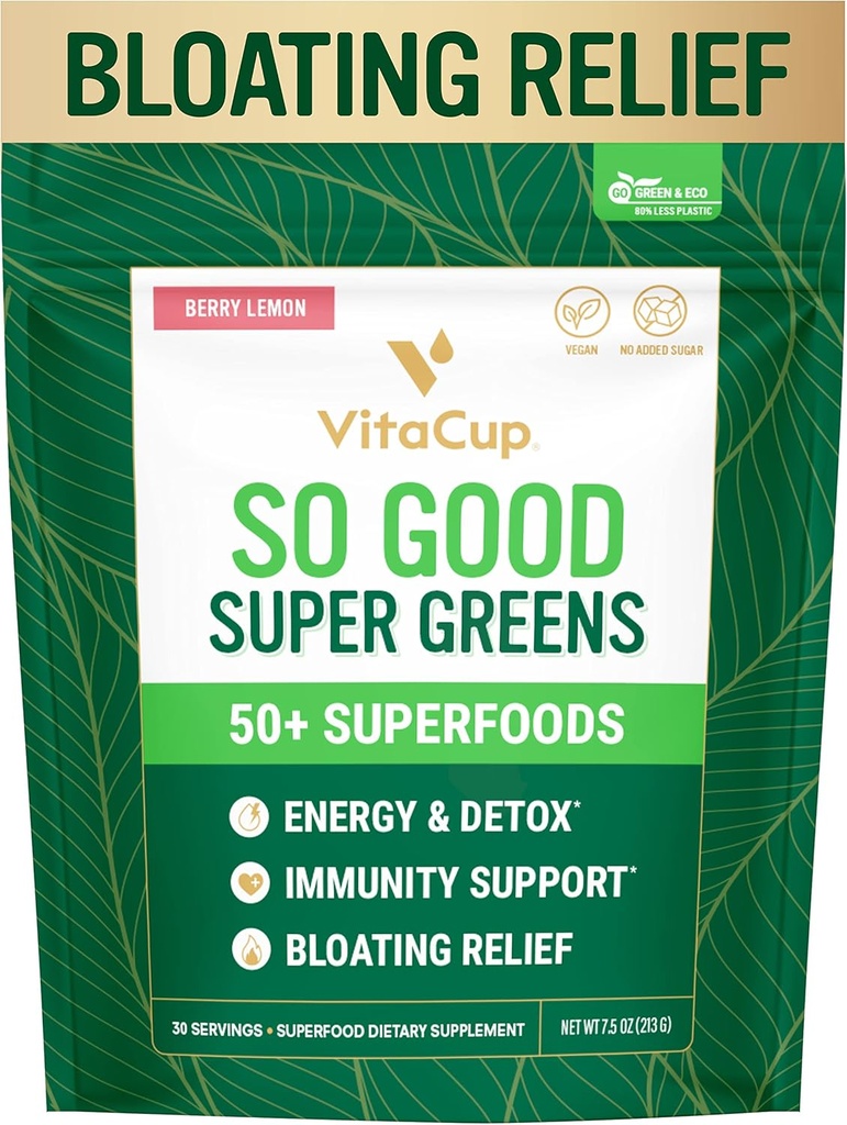 VitaCup så gode Super Green Powder w / 50 + Premium Superfoods, Boost Energy, Detox, Immunitet w / Probiotika, Prebiotika, Fiber, Antioxidanter, Adaptogens, Spirulina, Berry Lemon, 30 Servere