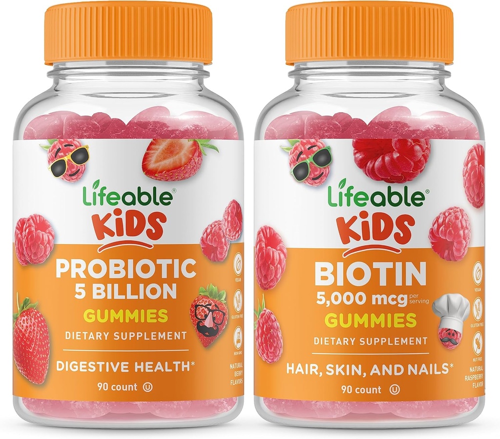 Lifeable Probiotika 5 Millioner Kids + Biotin Kids, Gummies Bundle - Great Tasting, Vitamin Supplement, Gluten Free, GMO fri, Chewable Gummy