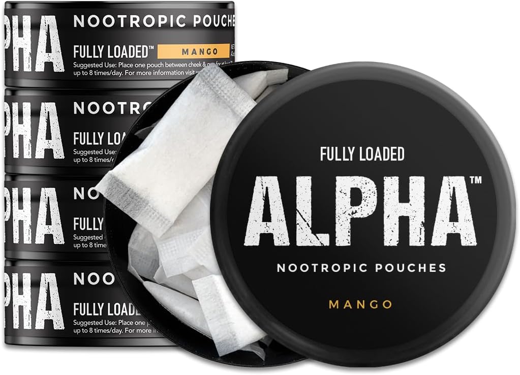 Fuldt indlæst Alpha Nootrop Pouches (Mango) - 5 Cans - 15 Pouches per can -Effektiv Nootrop Levering, Nic Pouch Erstatning - Hurtigere absorption, Alpha GPC, L-Tyrosine, GABA