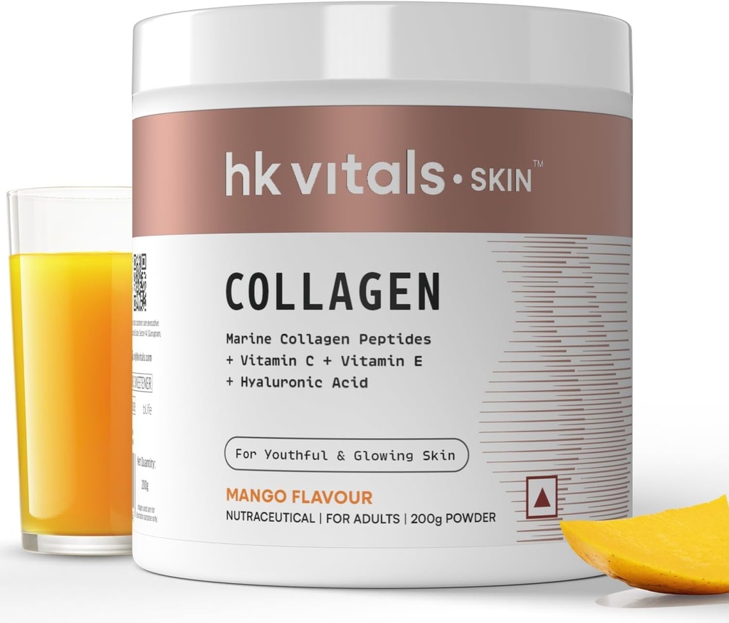 Vitals Skin Radiance Collagen Pulver, Marine Collagen (Mango, 200 g), Collagen Kosttilskud til kvinder & mænd med biotin, C-vitamin, E, Natriumhyaluronat, for sund hud, hår & negle