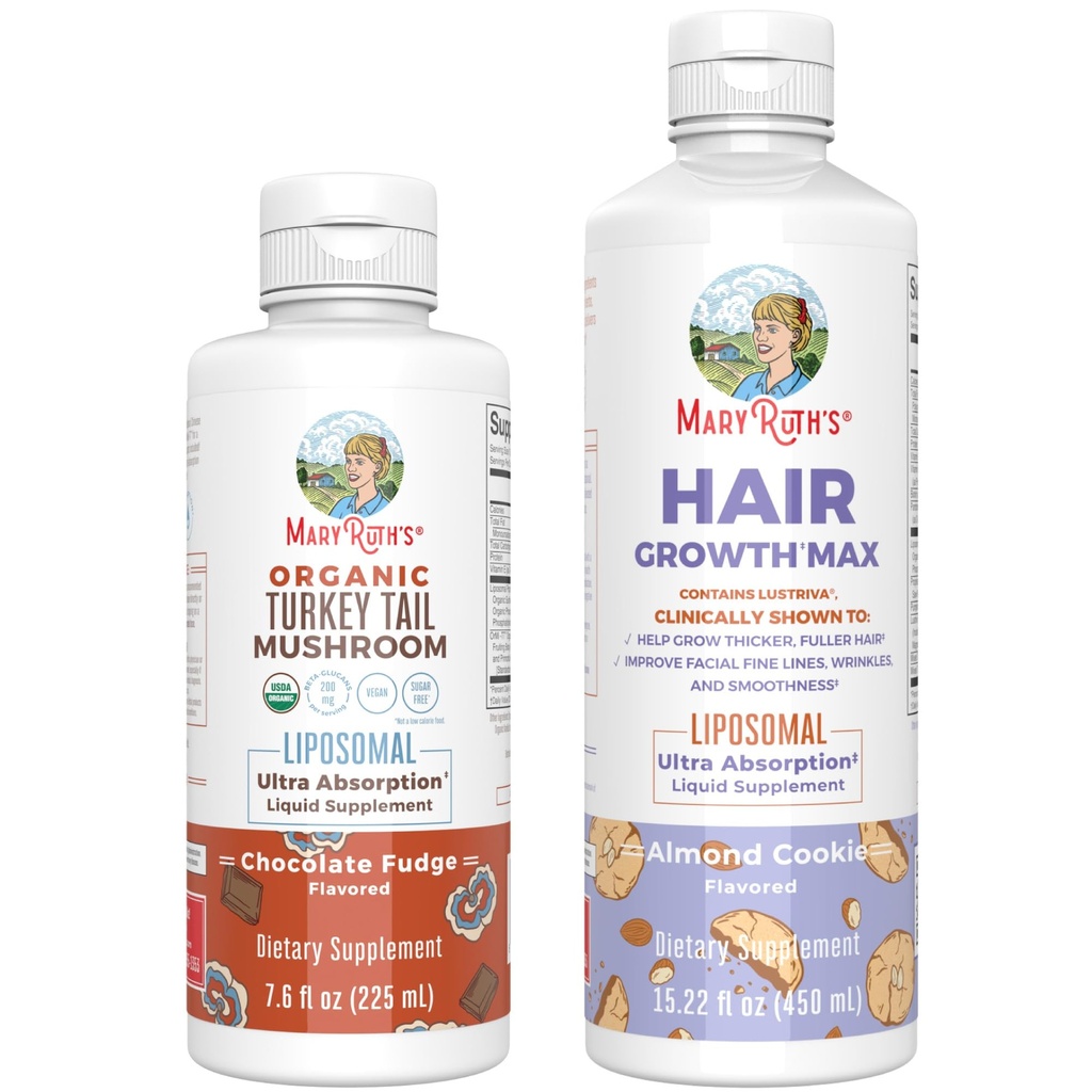 MaryRuth Organics Turkey Tail Mushroom Liposomal (Chocolate Fudge) & Hair Growth MAX (Mandel Cookie) # 124; Clean Label Project Verified ® # 124; Vitamin til Immunitet & Beauty # 124; Vegan, Gluten- Free