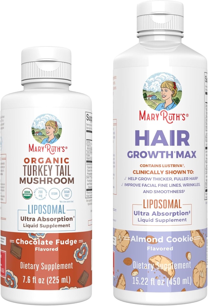 MaryRuth Organics Turkey Tail Mushroom Liposomal (Chocolate Fudge) & Hair Growth MAX (Mandel Cookie) # 124; Clean Label Project Verified ® # 124; Vitamin til Immunitet & Beauty # 124; Vegan, Gluten- Free