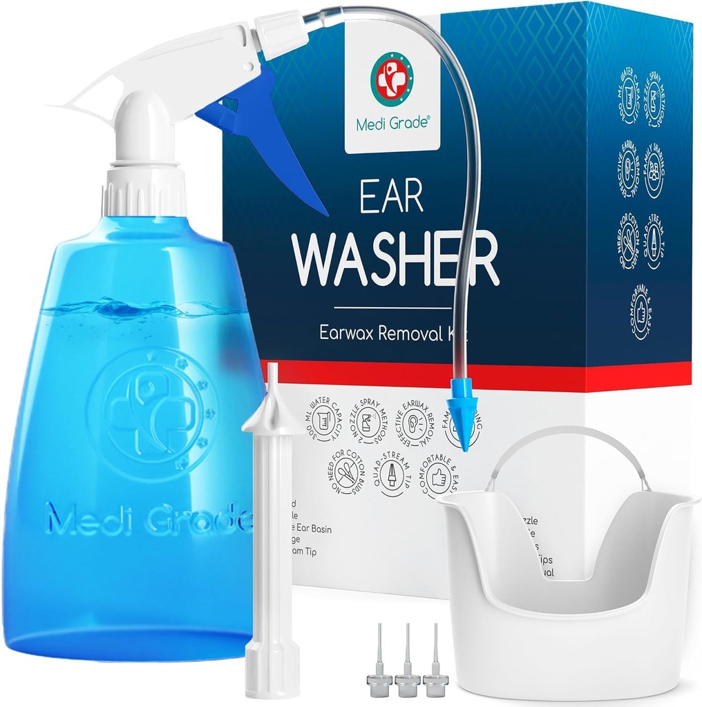 Medi Grade Øre Rengøring Kit herunder Øre Renere Flaske, Basin med Quad- Stream tip - Earwax Fjernelse Kit til forbedret hørelse Klarhed - Øre Wax Fjernelse værktøj til Øre Hygiene