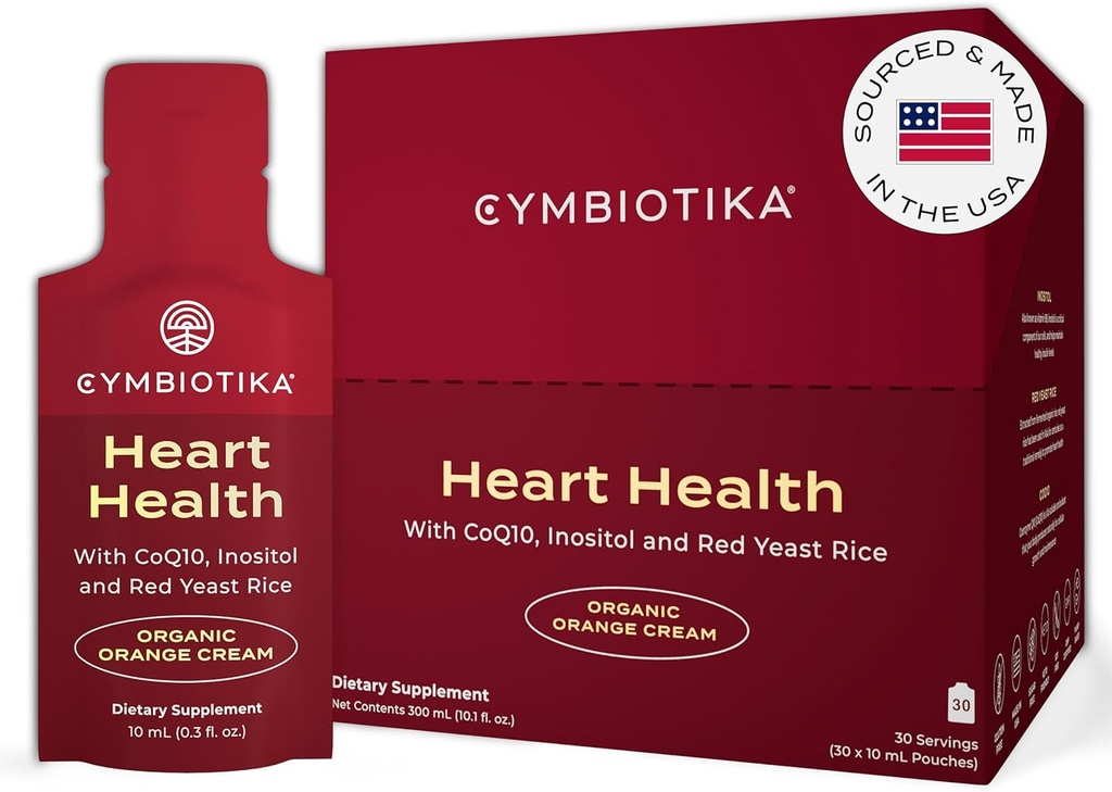 CYMBIOTIKA Heart Health Supplement med CoQ10, Rød Gær Rice & Inositol, Gluten Free Supplements to Support Circulation & Aging, Organic Orange Cream Flavor, 30 Pack
