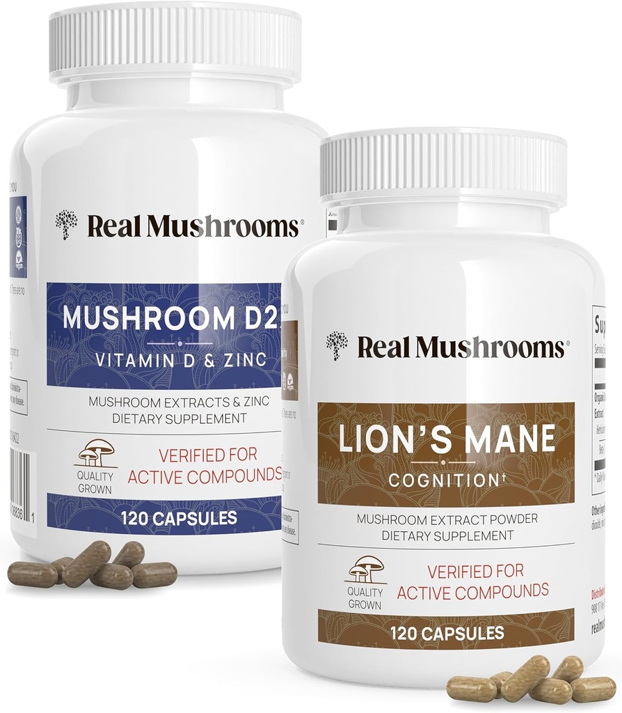 Real Mushrooms Vitamin D2, Zink, Chaga, Reishi (120ct) og Lion 's Mane (120ct) Bundle - Immunitet og kognitiv støtte, Chelated Zink for Forbedret Absorption - Vegan, Gluten Free, Non- GMO