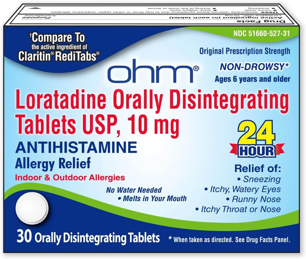 Ohm Loratadine 10 mg Allergi Medicin - Non Drowsy All Day Allergi Relief, 24 timers antihistamin, Orally Disintegration Tablets, Effektiv Relief, for alderen 6 og op - 30 Greve