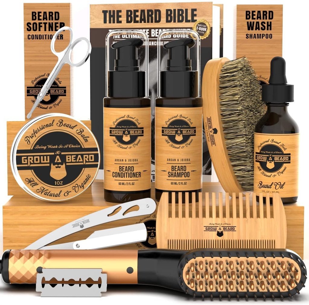 Beard Straightener Grooming Kit til mænd, Beard Growth Kit, Wash, Brush & Comb, Undufted Growth Oil, All Natural Chanel Balm, Conditioner, Razor & Saks, Great Gift Idé til mænd (Bamboo)