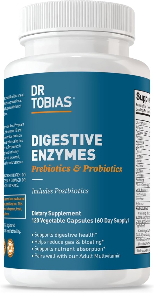 Dr. Tobias fordøjelsesenzymer med Probiotika, Prebiotika og Postbiotika Bromelain, Amylase, Lipase, for bedre fordøjelse & immunfunktion, 120 kapsler 60 Servere (2 daglige)