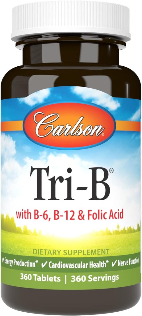 Carlson - Tri- B, B-vitamin Complex, 25 mg vitamin B- 6, 400 mcg vitamin B- 12, folinsyre energipiller, Promote cardiovaskulære sundhed, B-kompleks vitaminer, B12 tillæg, B-vitamin Complex, 360 tabletter