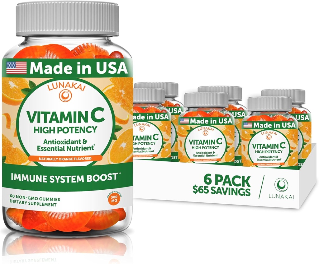 Lunakai C-vitamin Gummies for voksne og børn - Økologisk VIT C Vegansk Chewable Gummy Vitamin - 250 mg Voksen, Børn, Toddler Chews - 6 Pack