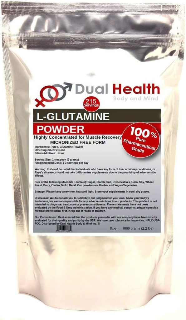 L- Glutamin (1000 Grams - 2.2 lbs) Pure Powder 5000mg Gratis Form Bulk Kosttilskud, Lavet i USA, immunfordøjelse GI Support Leaky Gut Health Muscle Energy Stamina Endurance Styrke