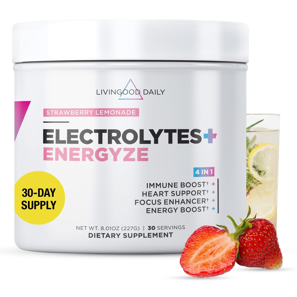 Livingood Daily Electrolytes Powder Strawberry Lemonade, 30 Servings - 4in1 Hydration Powder with Vitamin C, Taurine, D Ribose & FOS, Sugar Free Electrolyte Drink Mix, Keto, Gluten Free - Made in USA