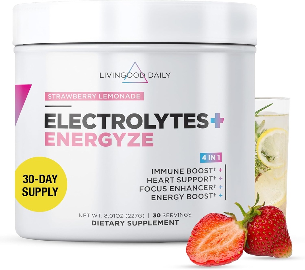 Livingood Daily Electrolytes Powder, Electrolytes Hydration Powder with Vitamin C, Taurine, D Ribose & FOS, Sugar Free Electrolyte Drink Mix, Keto, Gluten Free, Strawberry Lemonade, 30 Servere