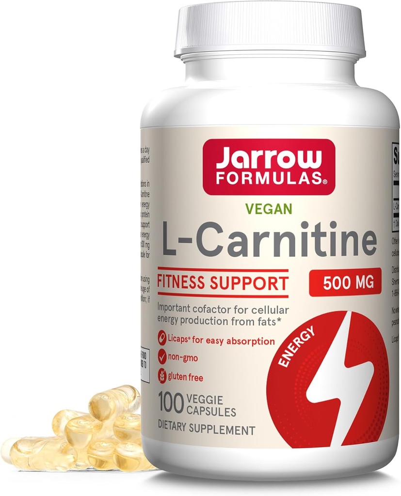 Jarrow Formulas L- Carnitin 500 mg - 100 Veggie Licaps - Vigtig medfaktor for energiproduktion (ATP) fra Fats - Vegan - Op til 100 Servere
