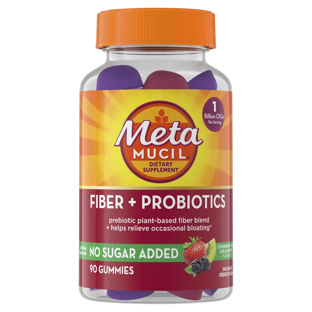 Metamucil Fiber Gummies for voksne med Probiotika til Bloating Relief, Ingen sukker tilsat Strawberry Kiwi BlackBerry Flavors, 5g Prebiotic Plant Based Fiber Supplement Blend, 90 Tæl