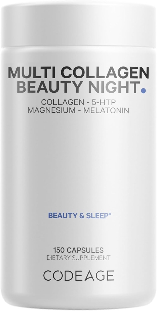 Codeage Multi Collagen Protein Beauty Night - Melatonin, Magnesium Bisglycinat, 5-HTP, L-Theanin, Engelsk Lavendel Flower, Bone Broth - Vitaminer - Supplement - Søvnpiller - Non-GMO - 150 Kapsler