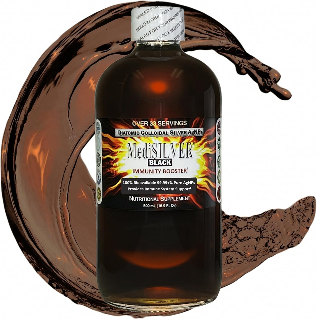 MediSILVER Black Immunity Booster Diatomic True Kolloid Sølv AgNP Nutrient - 500 ml i klar glasflaske