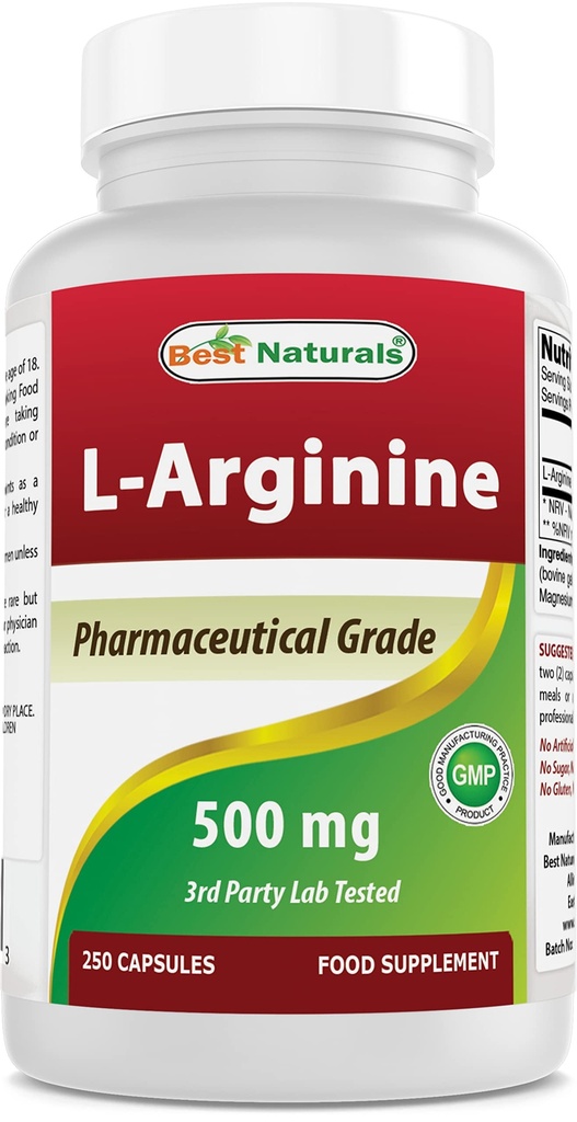 Bedste Naturals L- Arginin 500mg 250 Kapsler - Pharmaceutical Grade L Arginin supplement fremmer nitrogenoxid syntese