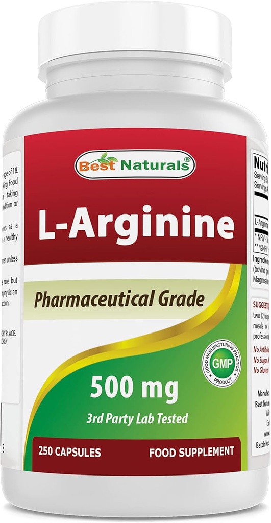 Bedste Naturals L- Arginin 500mg 250 Kapsler - Pharmaceutical Grade L Arginin supplement fremmer nitrogenoxid syntese