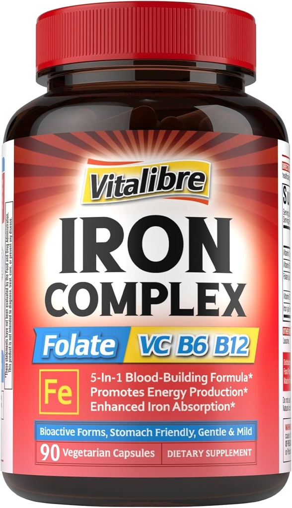 Iron Supplement for kvinder & mænd, med Vitaminer C, B6, B12 & Folate for Iron Deficiency, Blood Building & Energy Support, Mave Friendly, Bedre Absorption, Non- GMO, No Gluten, 90 Vegan Caps