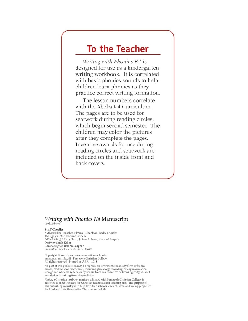 Skrivning med phonics K4 Manuskript - Abeka K4 4 År Gamle børnehave Manuskript phonics Penmanship Student Work Book