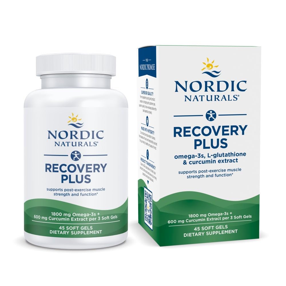 Nordic Naturals Recovery Plus, Unflavored - 45 Soft Gels - 1800 mg Omega-3 Fish Oil - 600 mg Longvida Optimized Curcumin - Cellular Health & Recovery - efter-Motion Muscle Support - 15 Serveringer