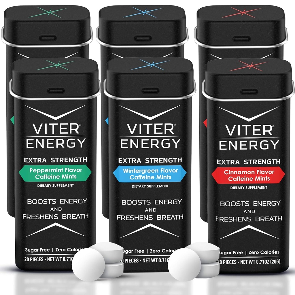 Viter Energy Extra Strength Coffeined Mints 80mg Coffein, B Vitamin, Sugar Free. (Variety, 20pcs, 6 Pack)