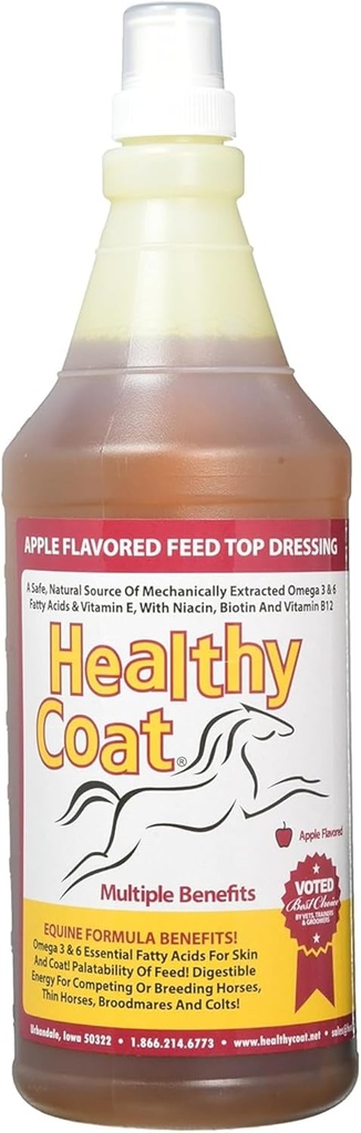 HealthyCoat Horse Supplement 32 oz - All- Natural Omega 3 & 6 Feed Top- Dress for Shiny Coat, Sund Hud, Hooves & Joints - Forstærket med Biotin, B12, Lecithin & Vitamin E - Apple Flavor