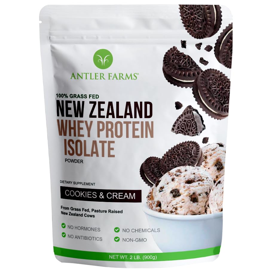 Antler Farms - 100% Græs Fed New Zealand Whey Protein Isolate, Cookies & Cream Flavor, 2 lbs - Ren og ren, 5 Ingredienser, Cold Forarbejdede