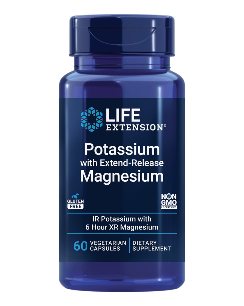 Life Extension Kalium med Extenen- Release Magnesium - Heart sundhed supplement til blodtryk støtte med to essentielle mineraler - Ikke-GMO, vegetar, glutenfri - 60 kapsler