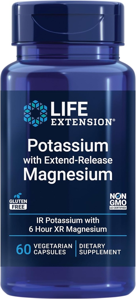Life Extension Kalium med Extenen- Release Magnesium - Heart sundhed supplement til blodtryk støtte med to essentielle mineraler - Ikke-GMO, vegetar, glutenfri - 60 kapsler