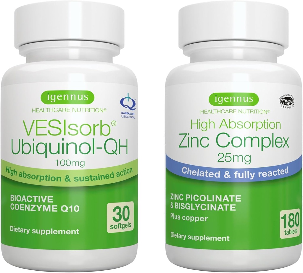 VESIsorb Ubiquinol- QH + Zink Complex Bundle for Fertility, Fast- Actioning Advanced CoQ10 100mg + 25mg Chelated Zink, by Igennus