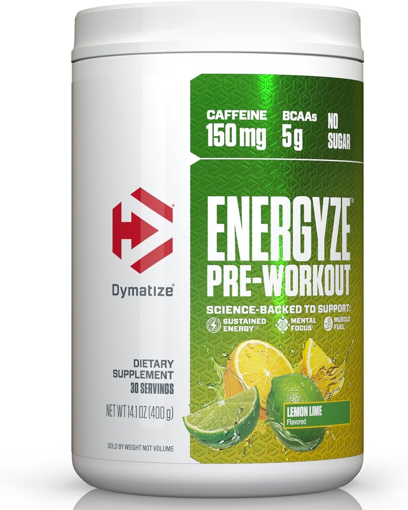 Dymatize Energize Pre Workout Pulver til mænd og kvinder, Lemon Lime Flavor, 150mg Koffein, 5g BCAA, Performance Blend af L- Theanine, L- Tyrosine, L- Citrullin, Ingen sukker, 30 Servering