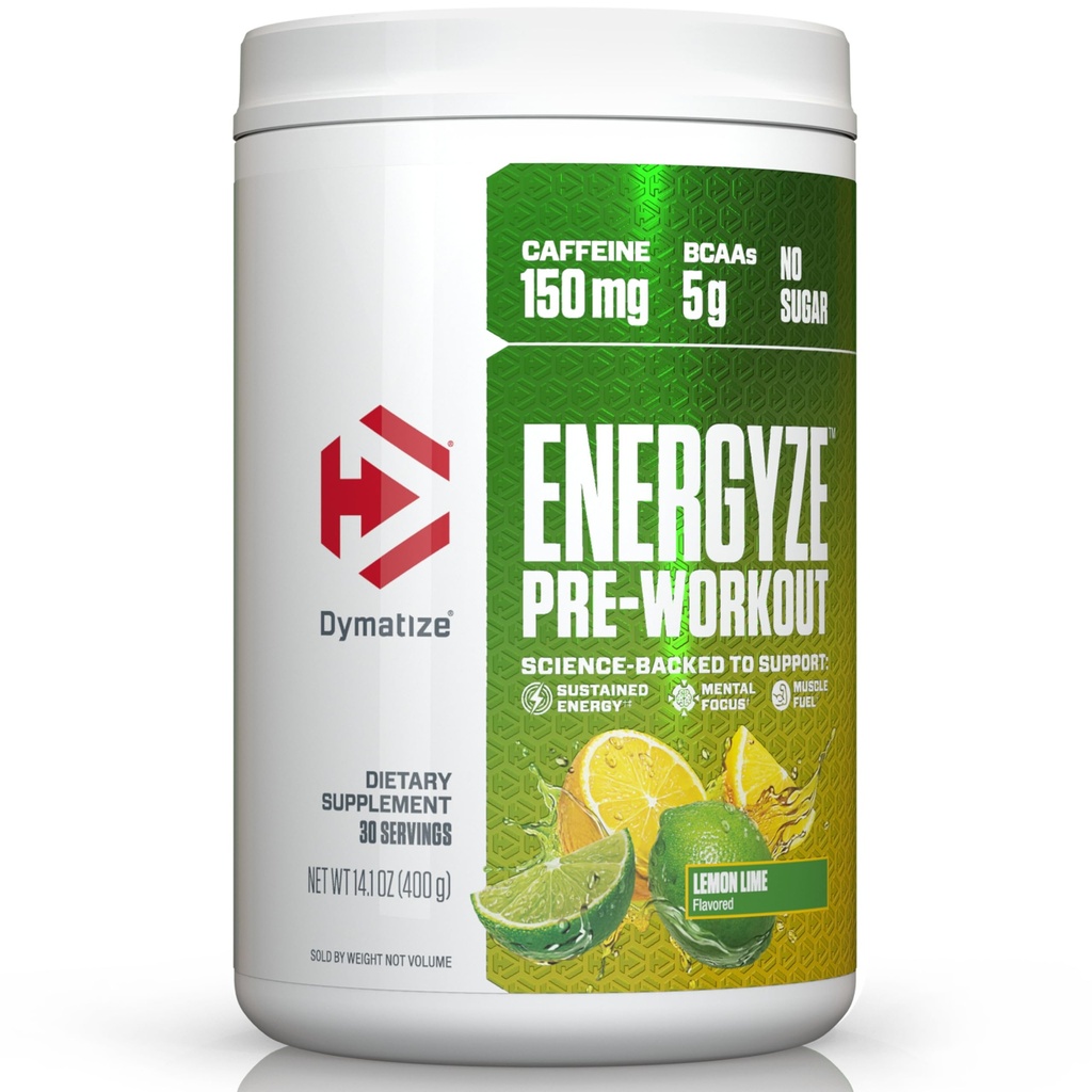 Dymatize Energize Pre Workout Pulver til mænd og kvinder, Lemon Lime Flavor, 150mg Koffein, 5g BCAA, Performance Blend af L- Theanine, L- Tyrosine, L- Citrullin, Ingen sukker, 30 Servering