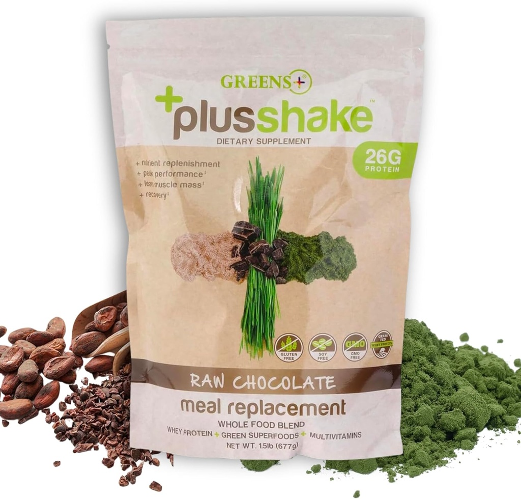 Green + PlusShake Raw Chocolate Grass Fed Whey Protein Powder - Meal Erstatning Meat 124; Non-GMO Meat 124; Gluten & Soy Free Meat 124; Kosttilskud Superfood + Multi- Vitamin Meat 124; 27g Protein Meat 124; 1,5 LB Bag